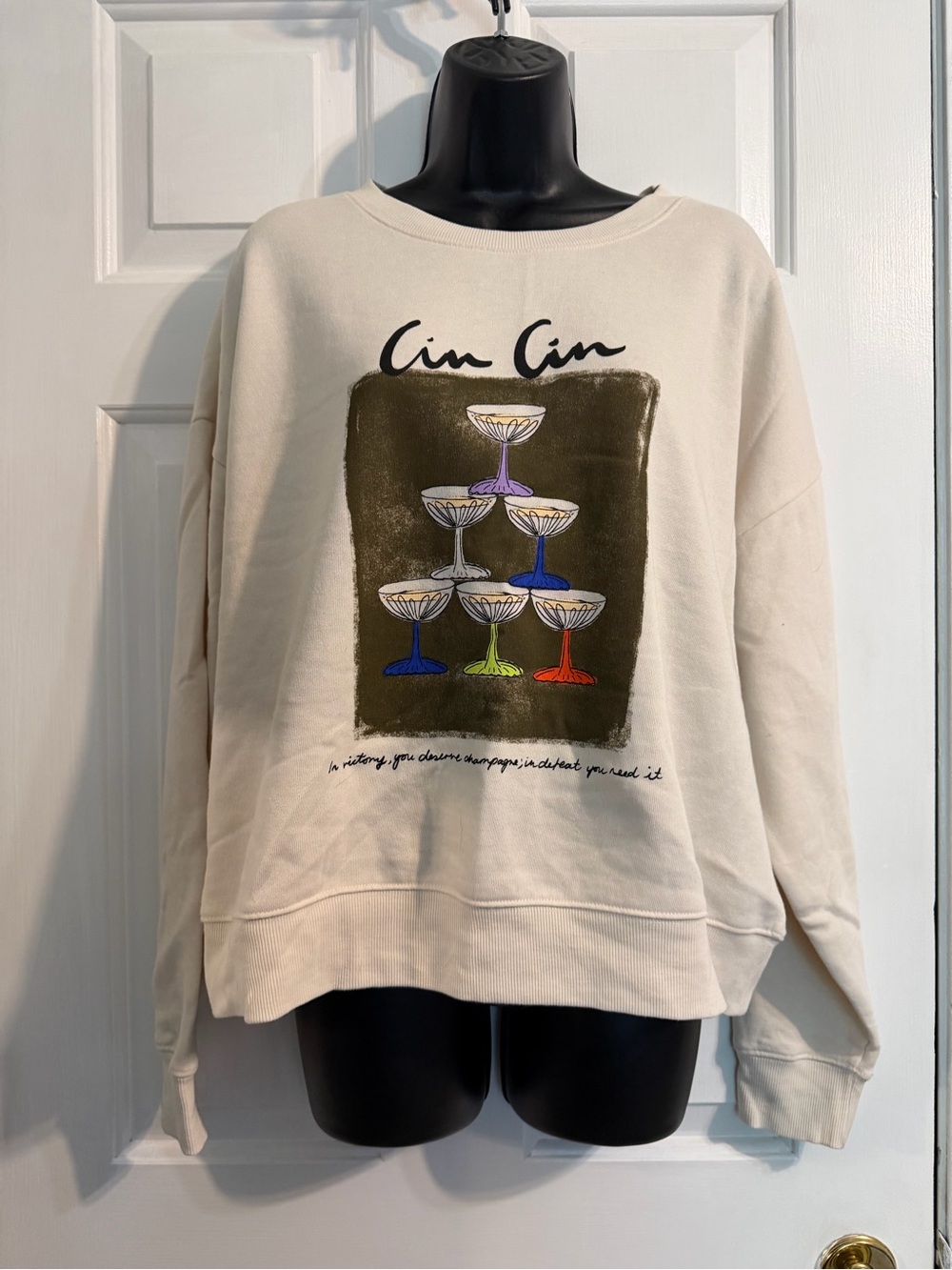 Maeve Cream Graphic Crewneck with Colorful Champagne Glasses